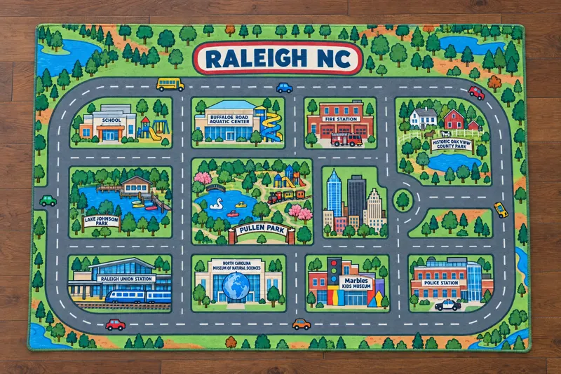 A Nostalgic rug of Raleigh on a wooden floor: bright colors, bold outlines, wide gray roads